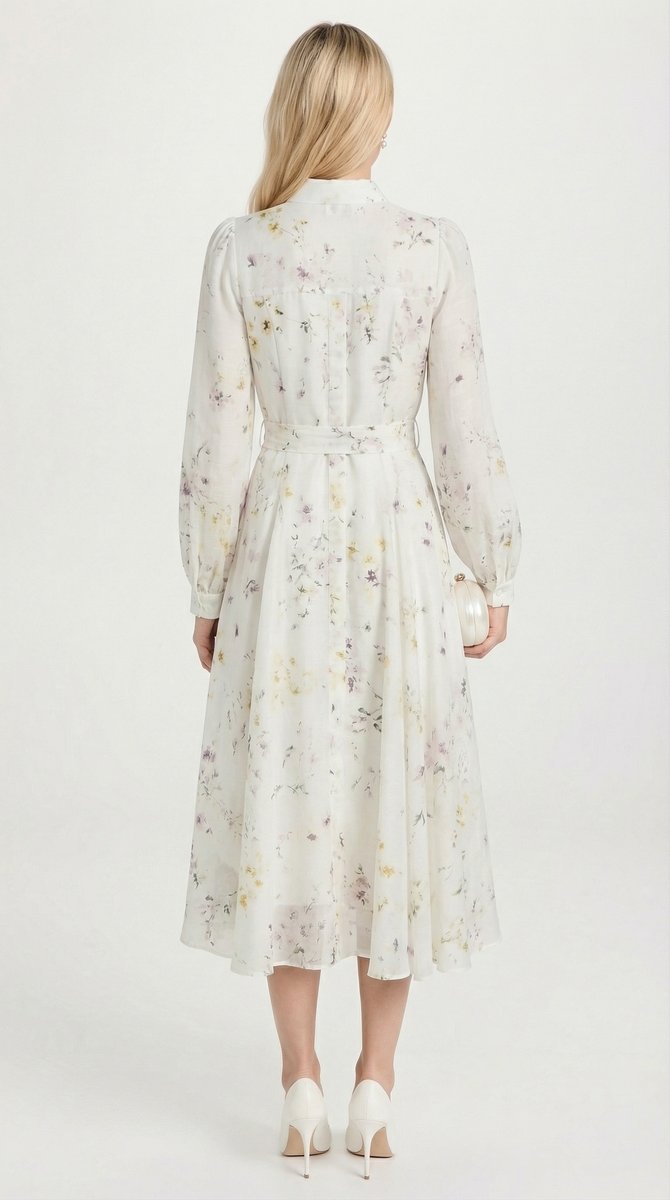 Women's Floral Midi Fall Wedding Guest Dress Belted Long Sleeve