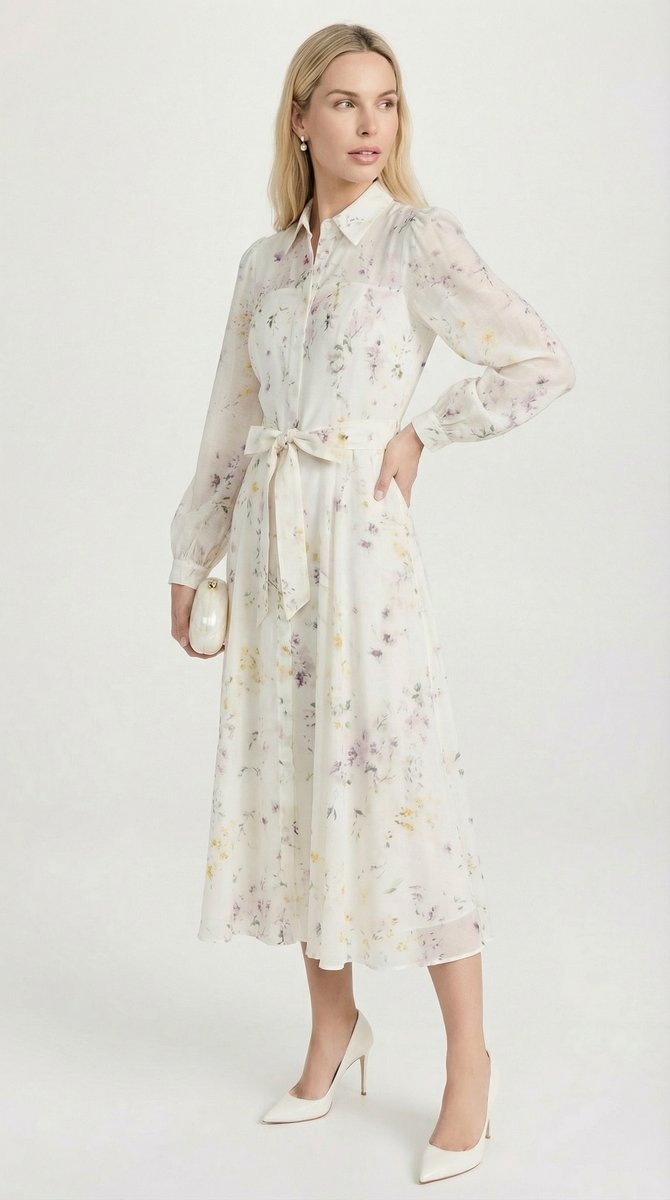 Women's Floral Midi Fall Wedding Guest Dress Belted Long Sleeve