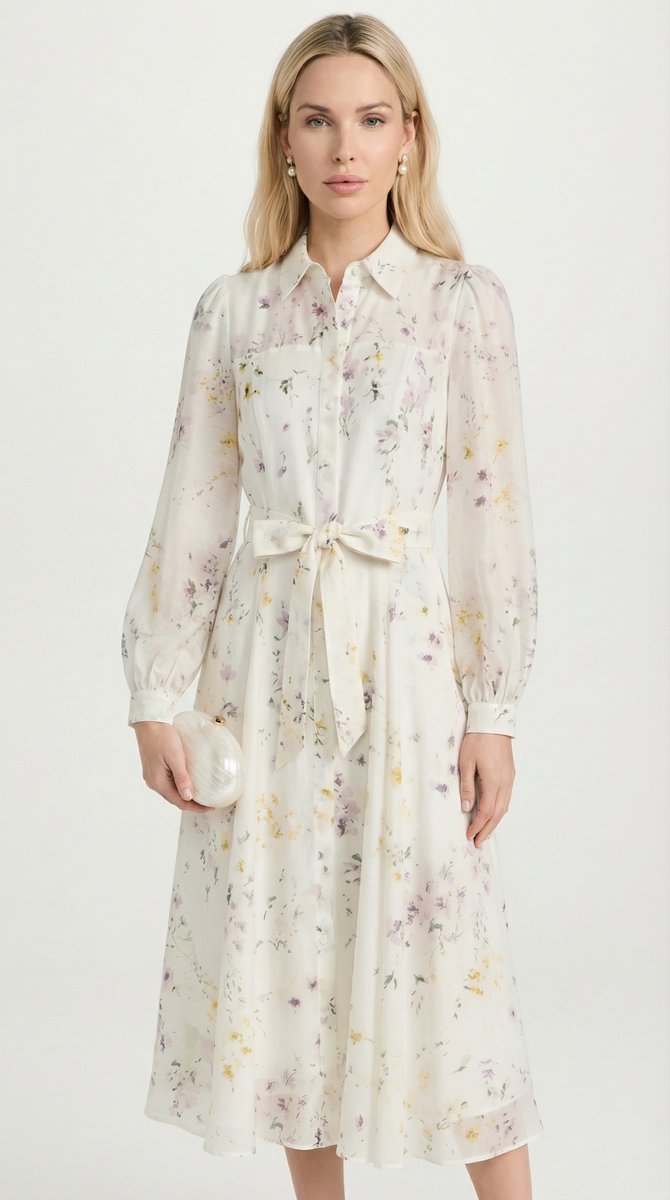 Women's Floral Midi Fall Wedding Guest Dress Belted Long Sleeve