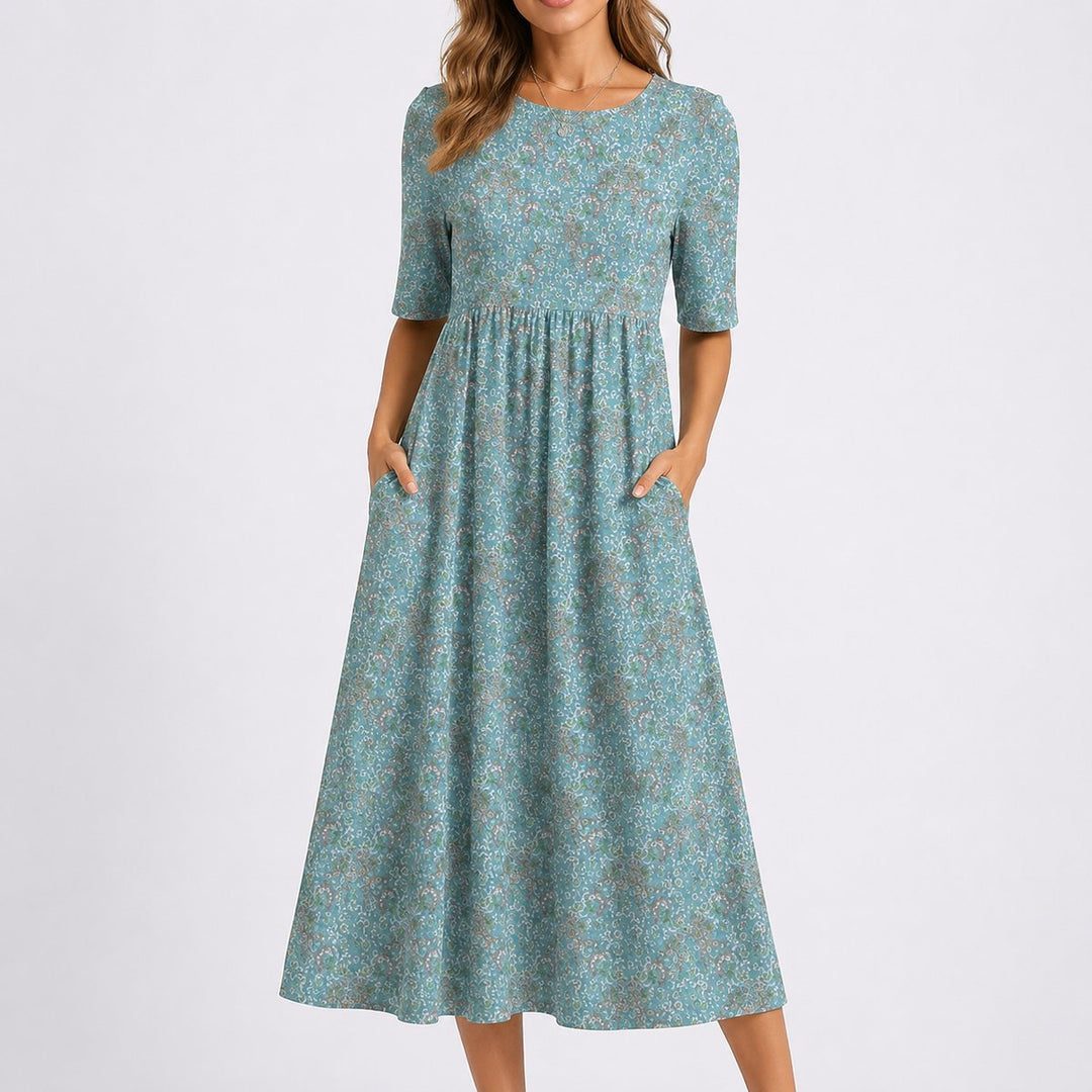 Women's Floral Midi Fall Wedding Guest Dress Gathered High Waist Pockets