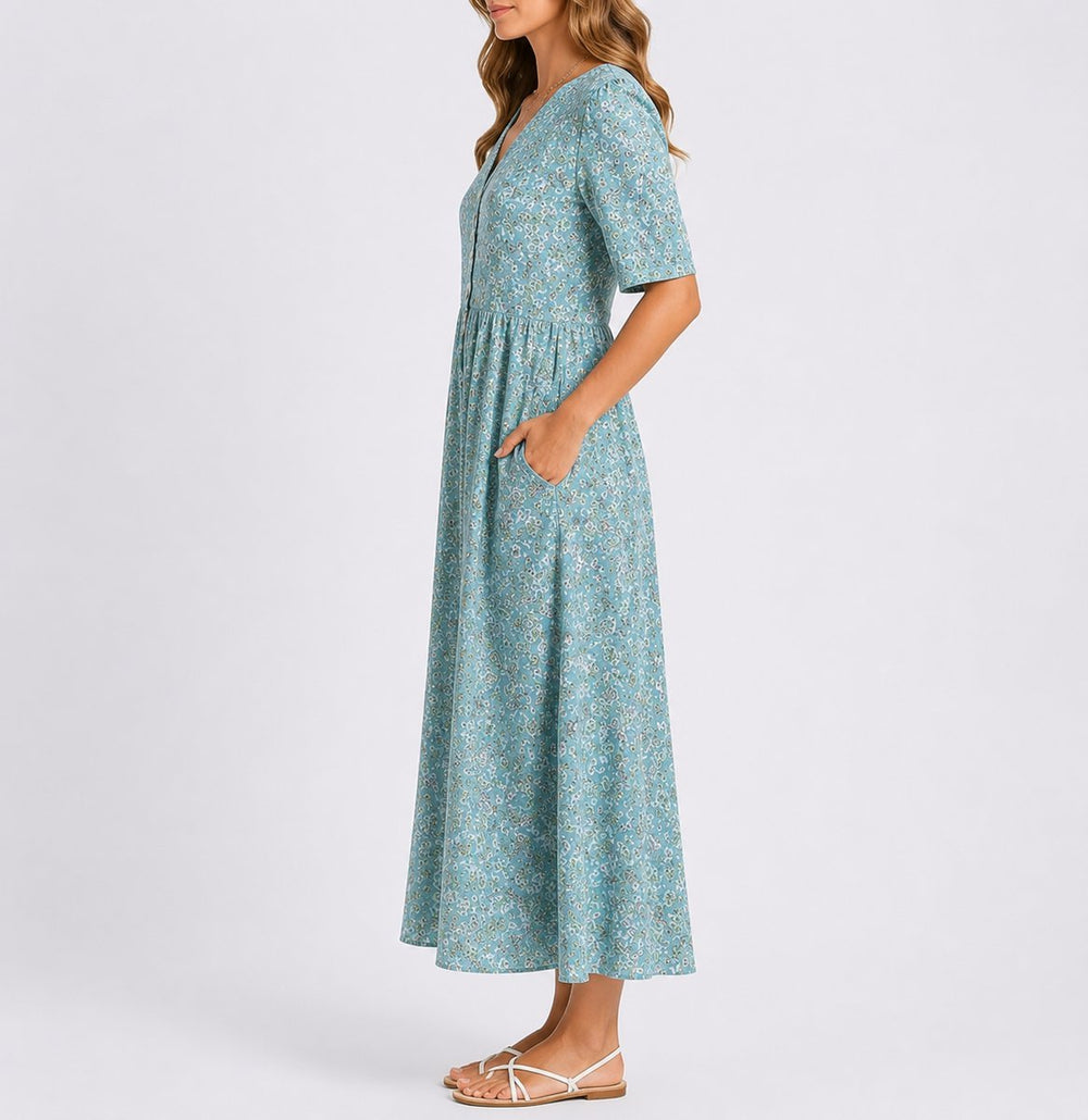 Women's Floral Midi Fall Wedding Guest Dress Gathered High Waist Pockets