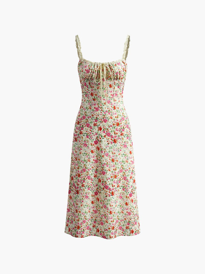 Women's Floral Midi Fall Wedding Guest Dress Lace-Trim Sleeveless
