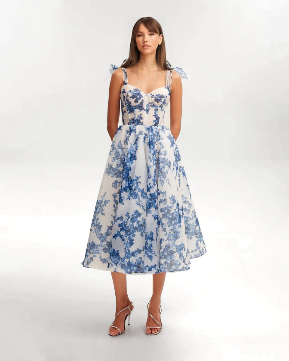 Women's Floral Organza Corset-Bodice Fall Midi Dress