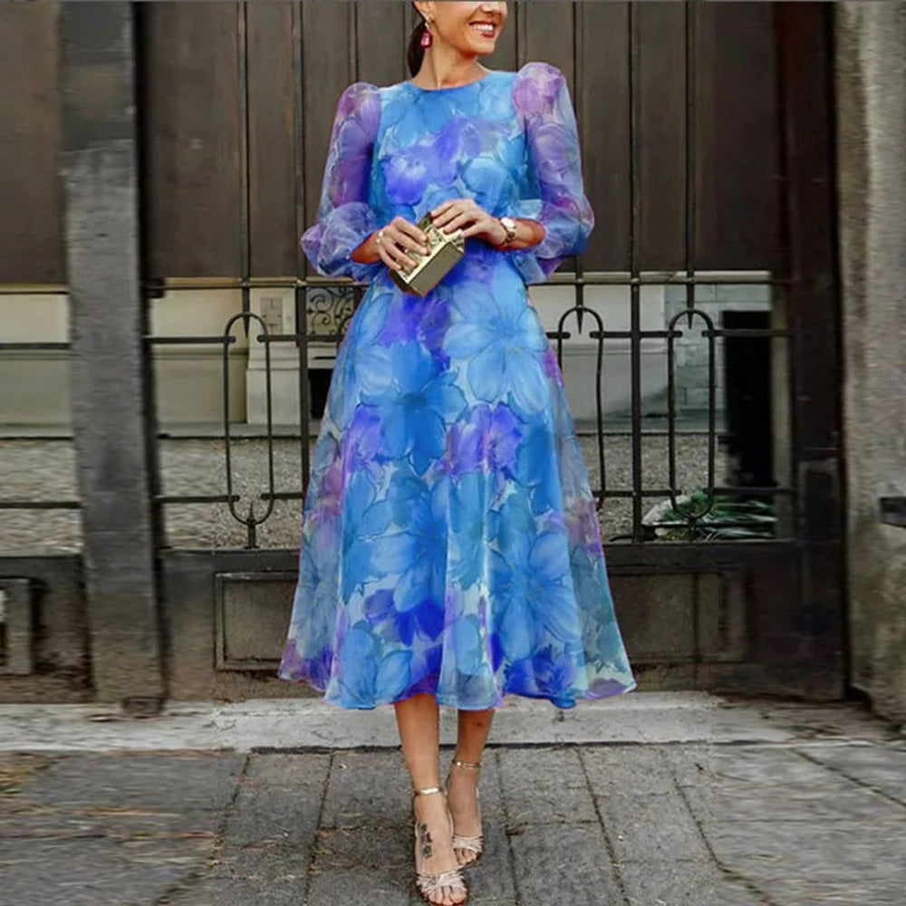 Women's Floral Organza Long Sleeve Fall Dress Formal Midi - Blue