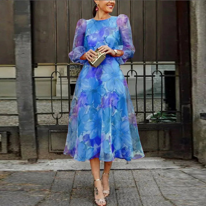 Women's Floral Organza Long Sleeve Fall Dress Formal Midi - Blue