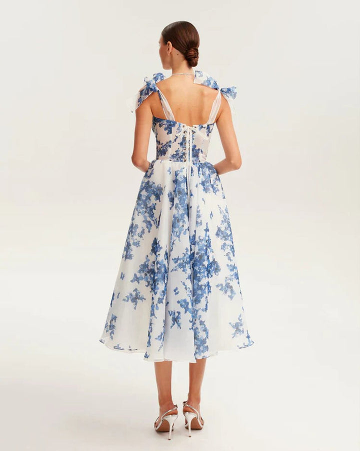 Women's Floral Organza Tie-Shoulder Fall Midi Dress