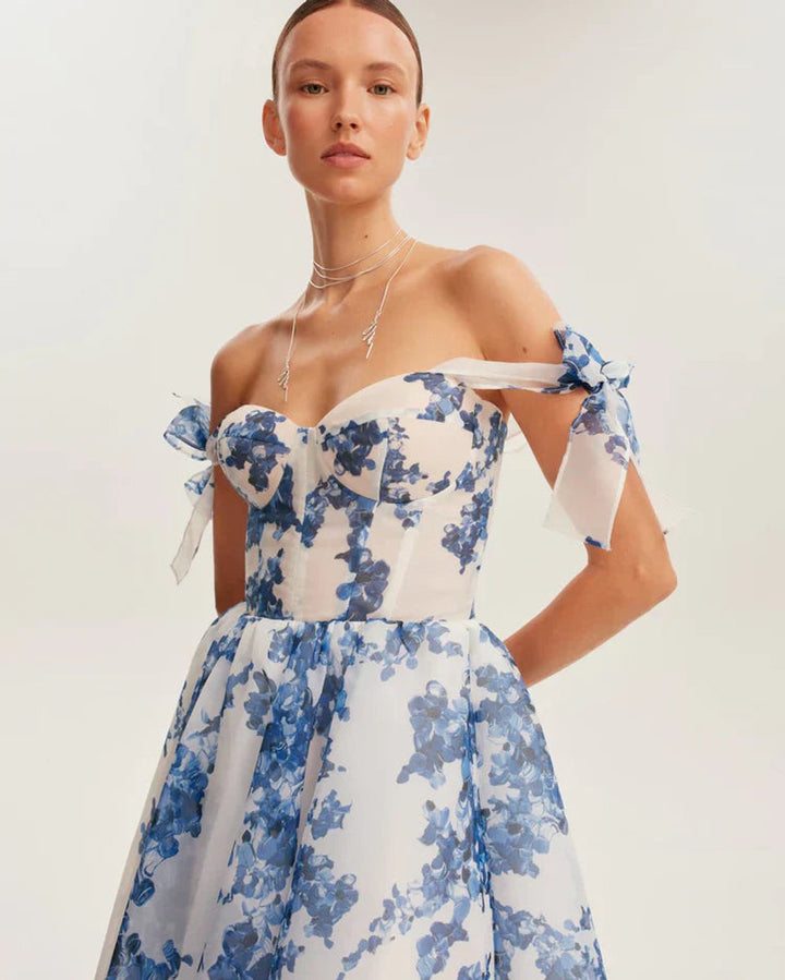 Women's Floral Organza Tie-Shoulder Fall Midi Dress