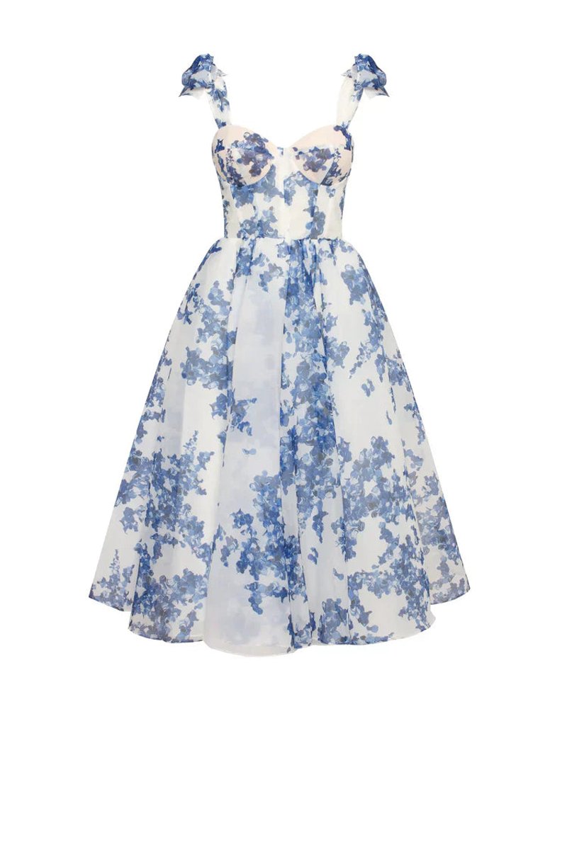 Women's Floral Organza Tie-Shoulder Fall Midi Dress