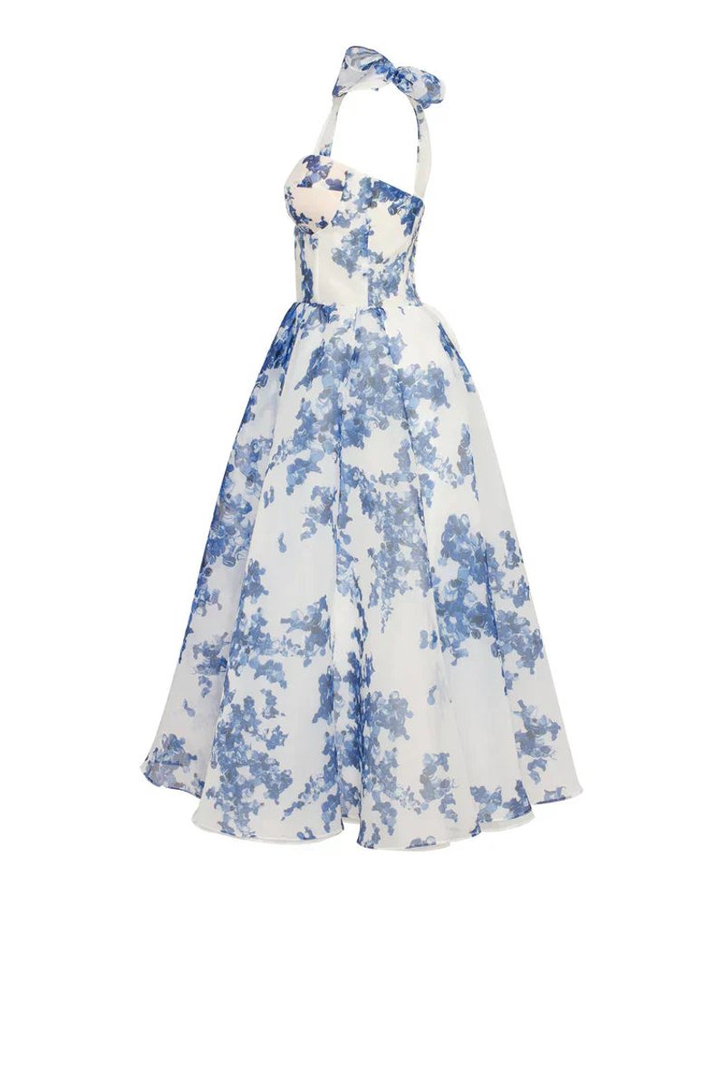 Women's Floral Organza Tie-Shoulder Fall Midi Dress