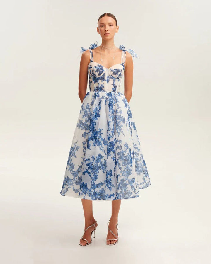 Women's Floral Organza Tie-Shoulder Fall Midi Dress