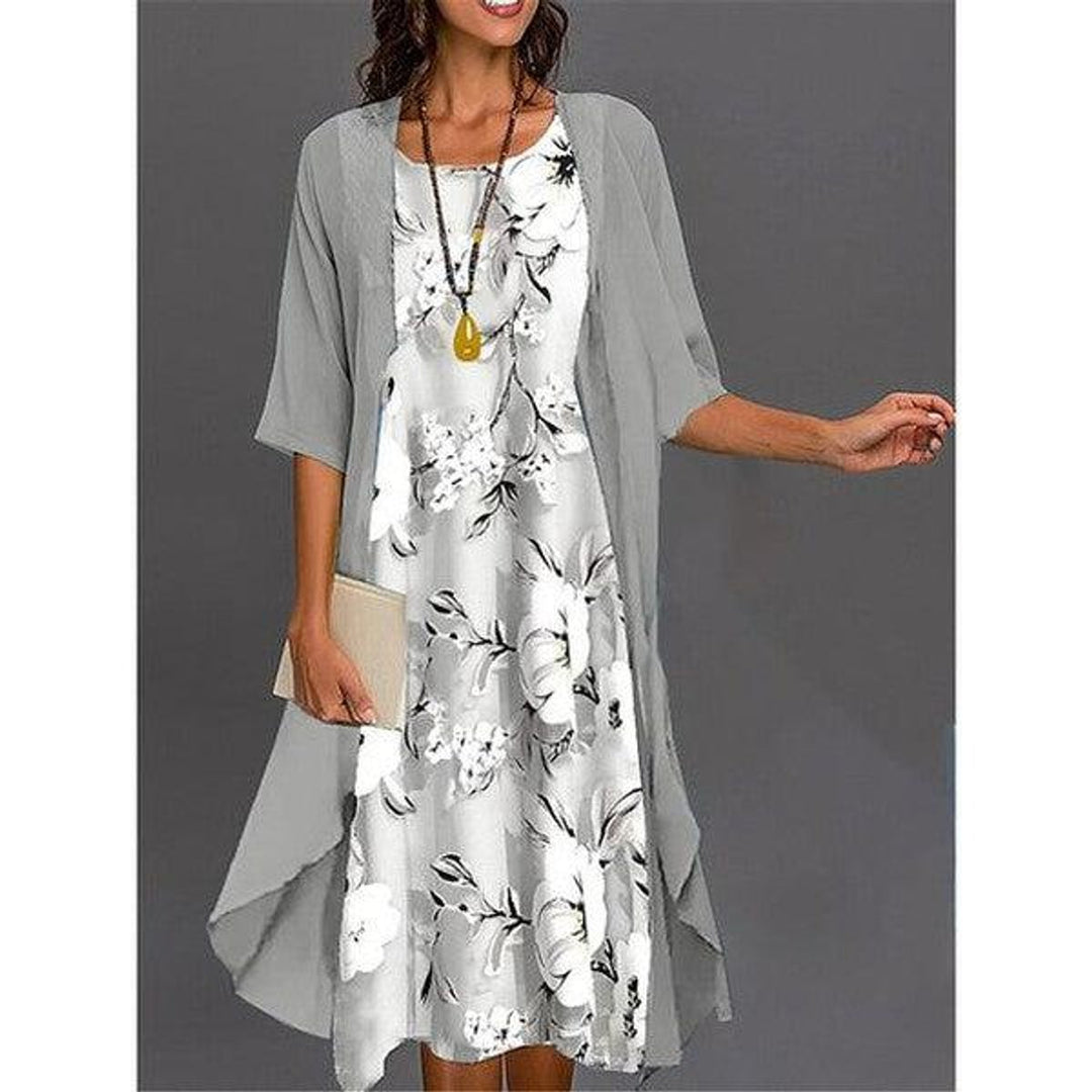 Women's Floral Overlay Fall Midi Dress Layered Chiffon
