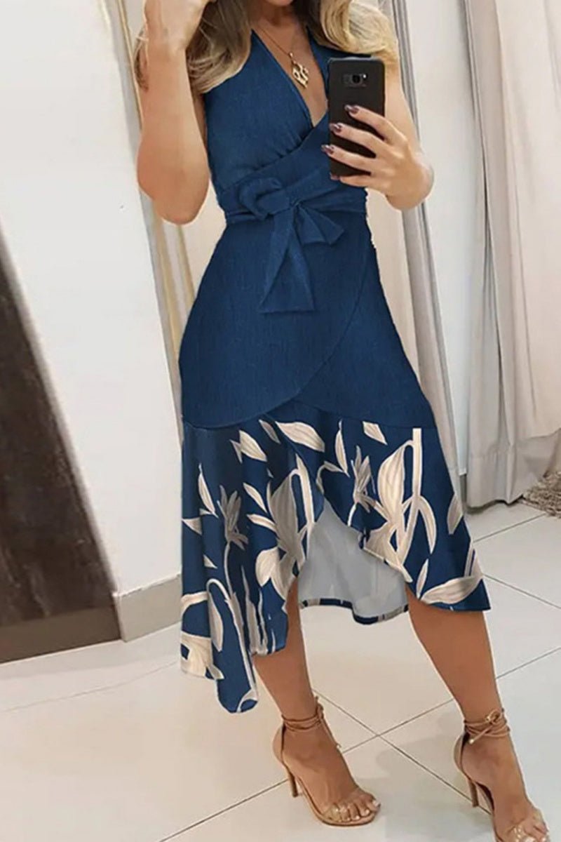 Women's Floral Patchwork Wrap Fall Midi Dress Sleeveless V-Neck