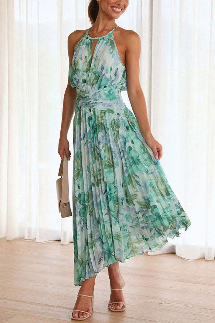 Women's Floral Pleated Halter Neck Fall Midi Dress