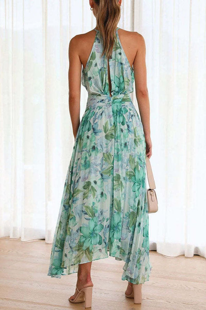 Women's Floral Pleated Halter Neck Fall Midi Dress