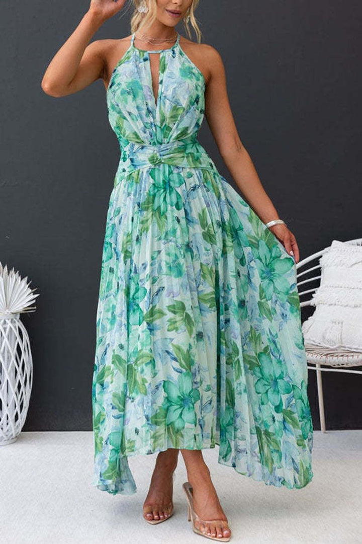 Women's Floral Pleated Halter Neck Fall Midi Dress