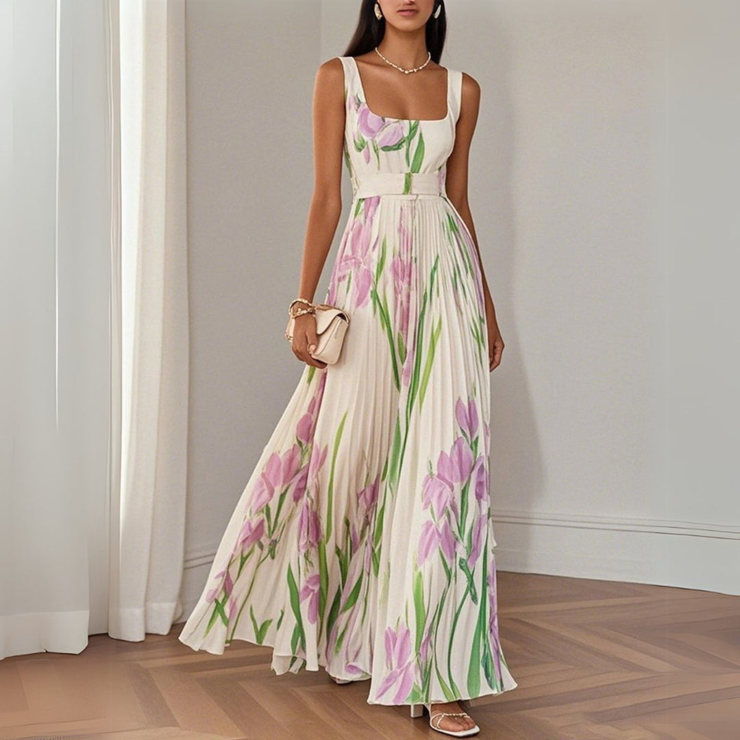 Women's Floral Pleated Maxi Formal Dress Square Neck Sleeveless
