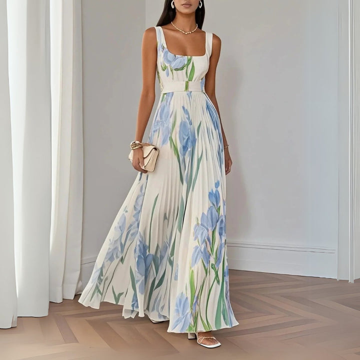 Women's Floral Pleated Maxi Formal Dress Square Neck Sleeveless