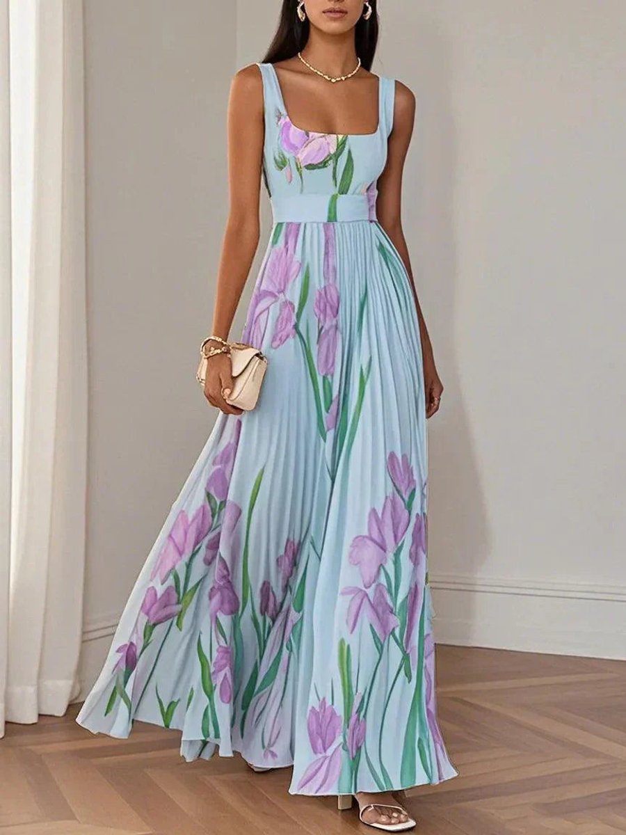 Women's Floral Pleated Maxi Formal Dress Square Neck Sleeveless