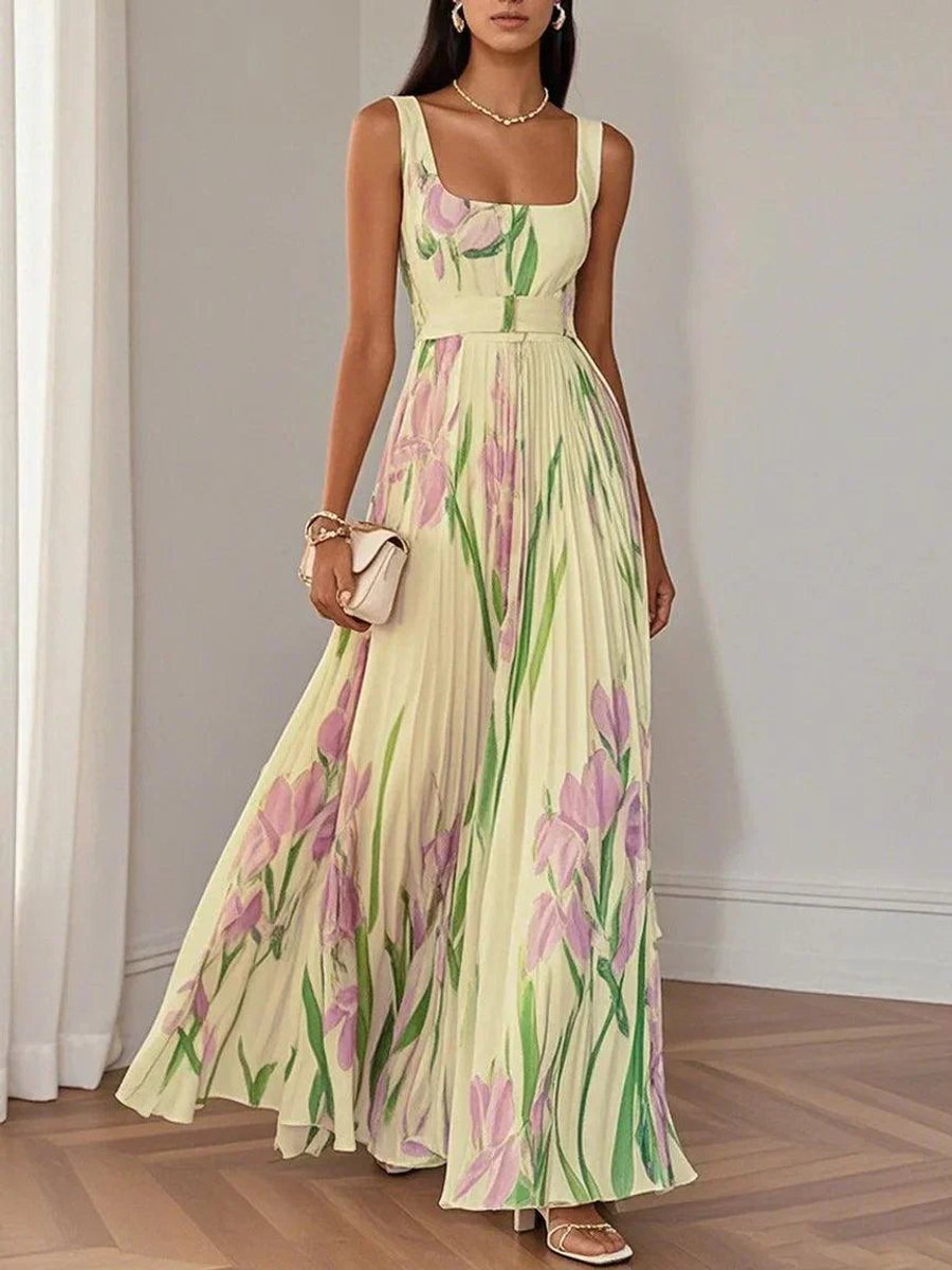 Women's Floral Pleated Maxi Formal Dress Square Neck Sleeveless