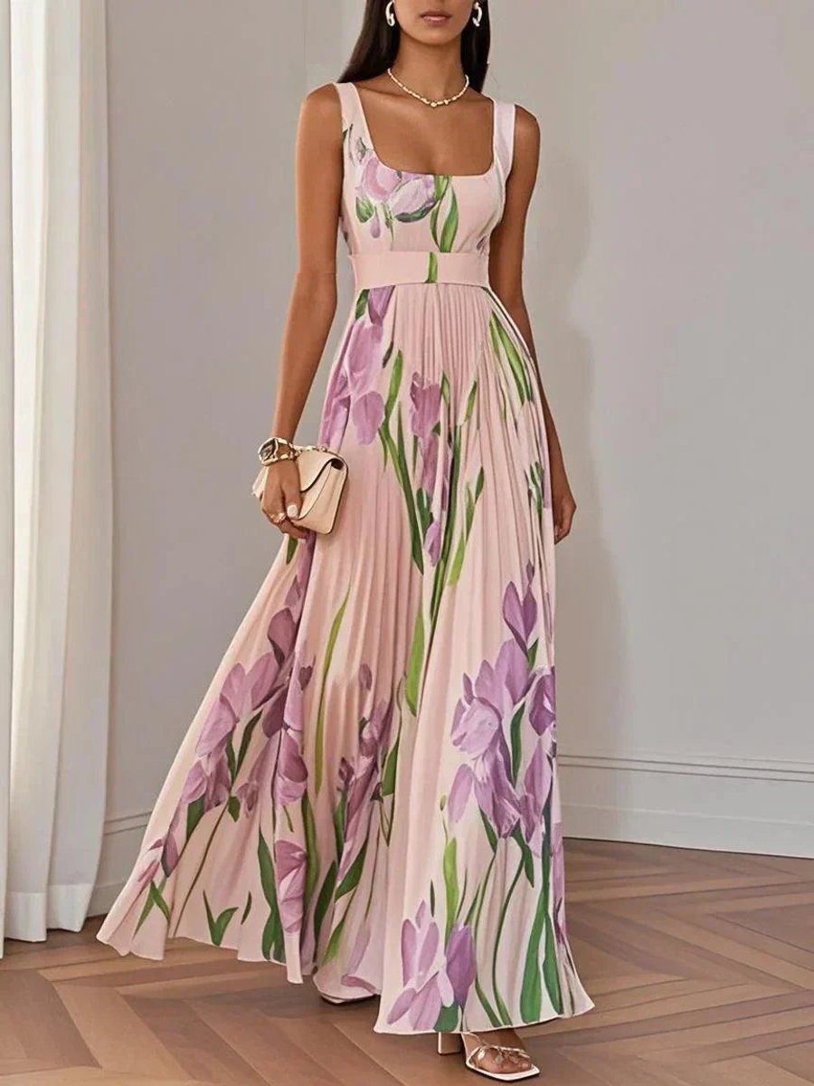 Women's Floral Pleated Maxi Formal Dress Square Neck Sleeveless