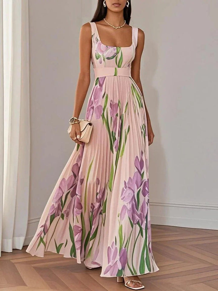 Women's Floral Pleated Maxi Formal Dress Square Neck Sleeveless