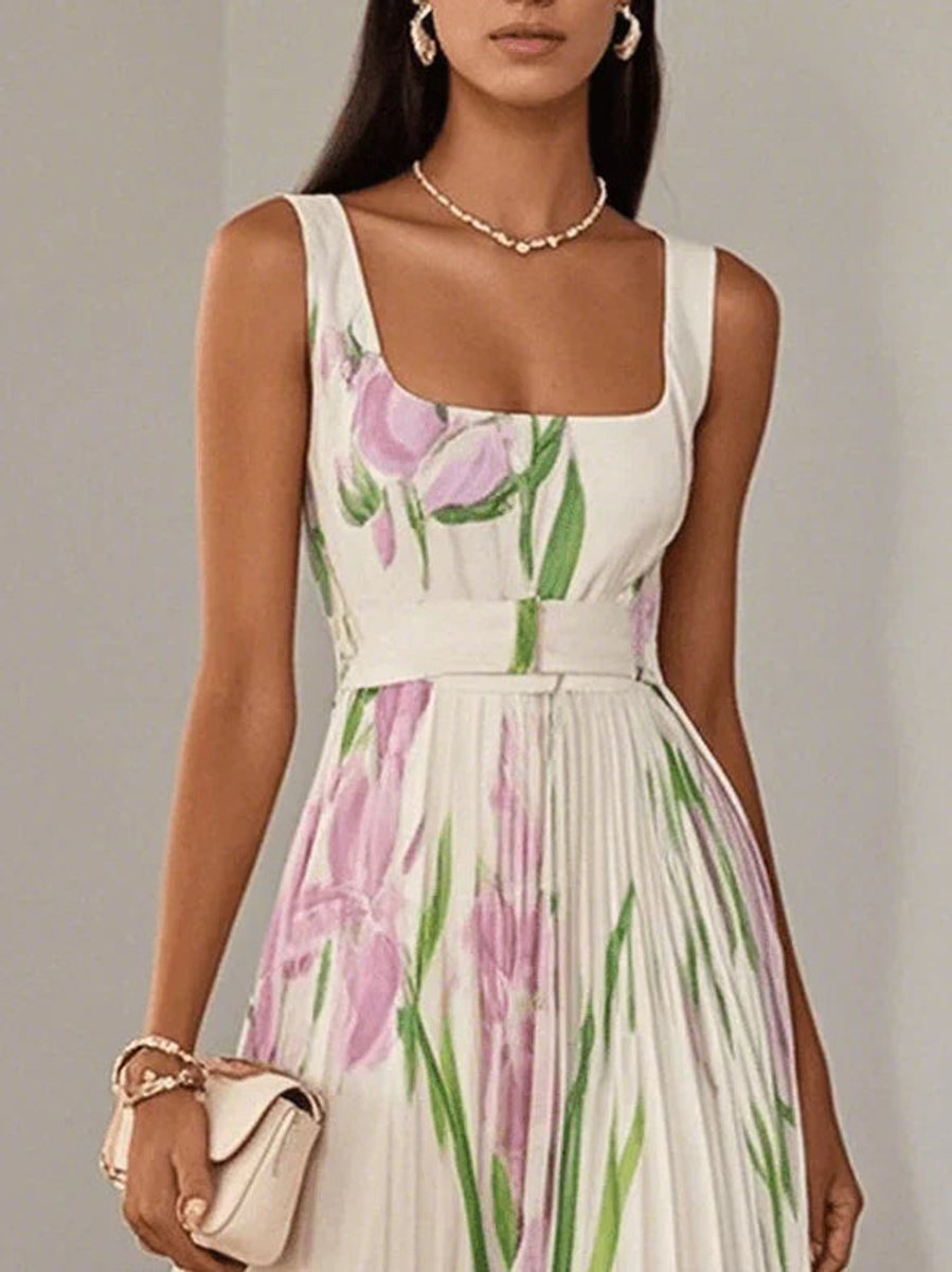 Women's Floral Pleated Maxi Formal Dress Square Neck Sleeveless