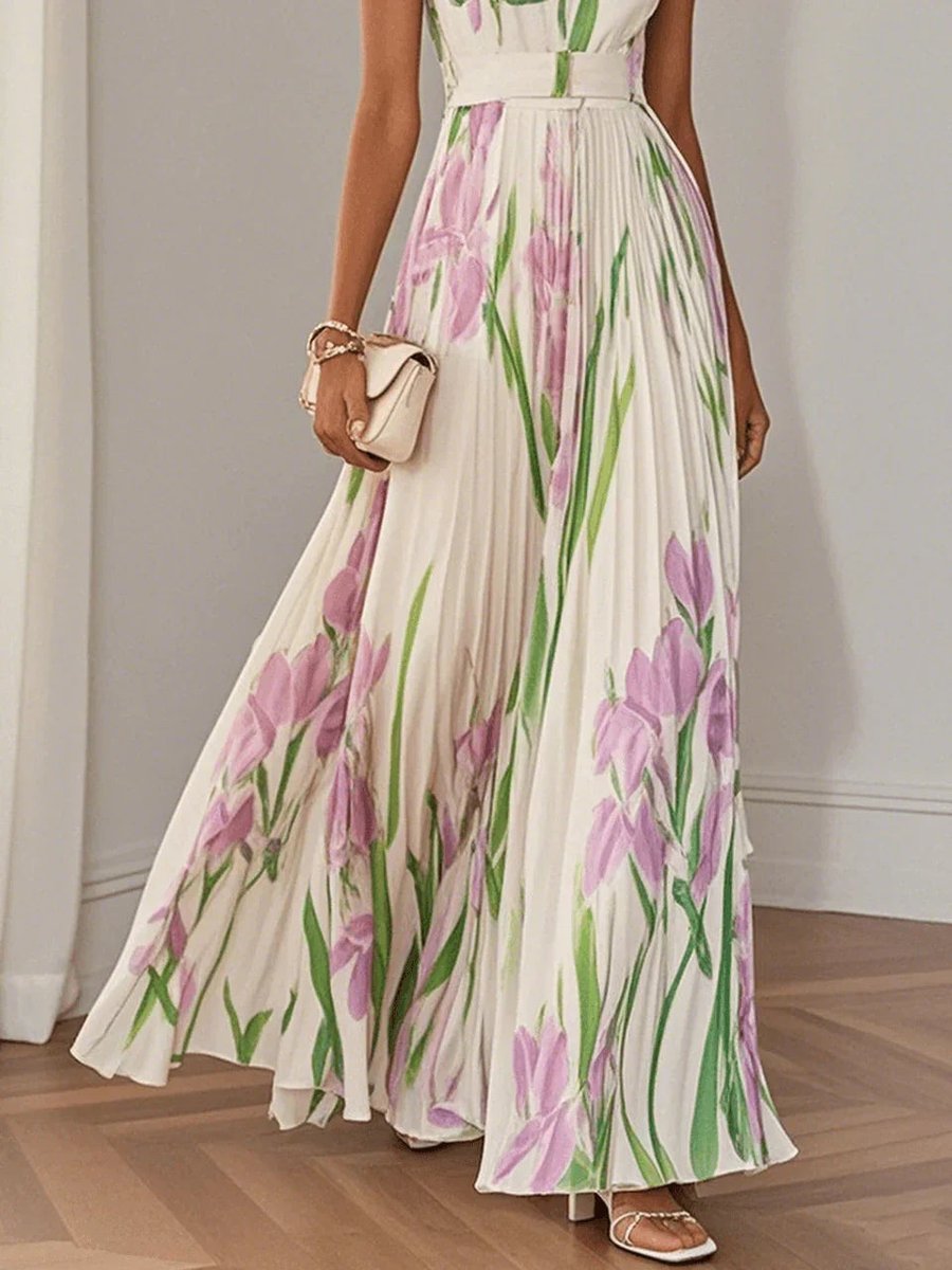 Women's Floral Pleated Maxi Formal Dress Square Neck Sleeveless