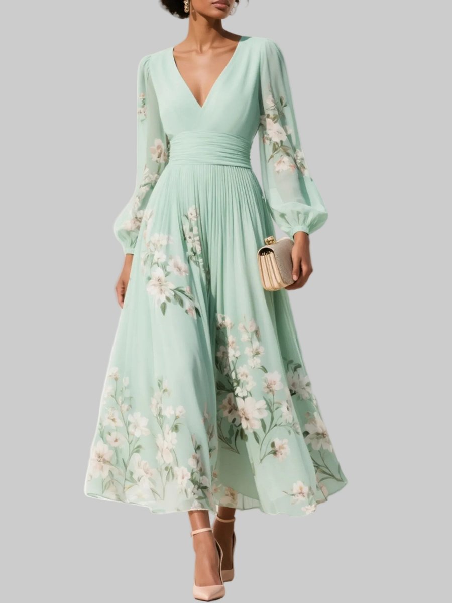 Women's Floral Pleated V-Neck Long Sleeve Midi Formal Dress