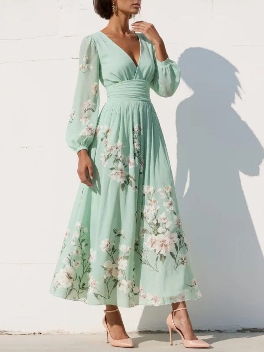 Women's Floral Pleated V-Neck Long Sleeve Midi Formal Dress