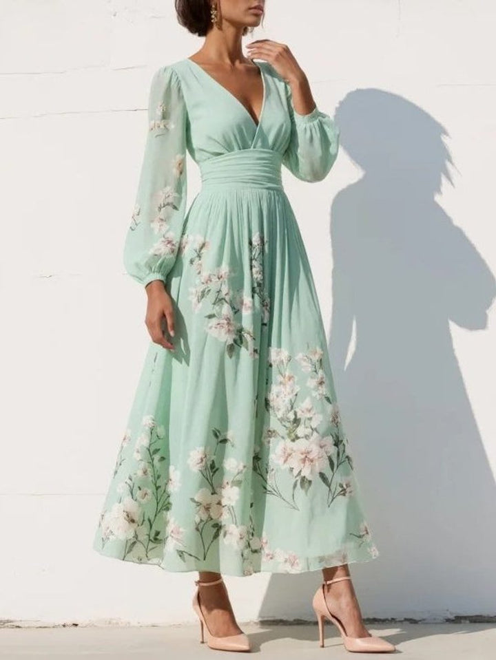 Women's Floral Pleated V-Neck Long Sleeve Midi Formal Dress