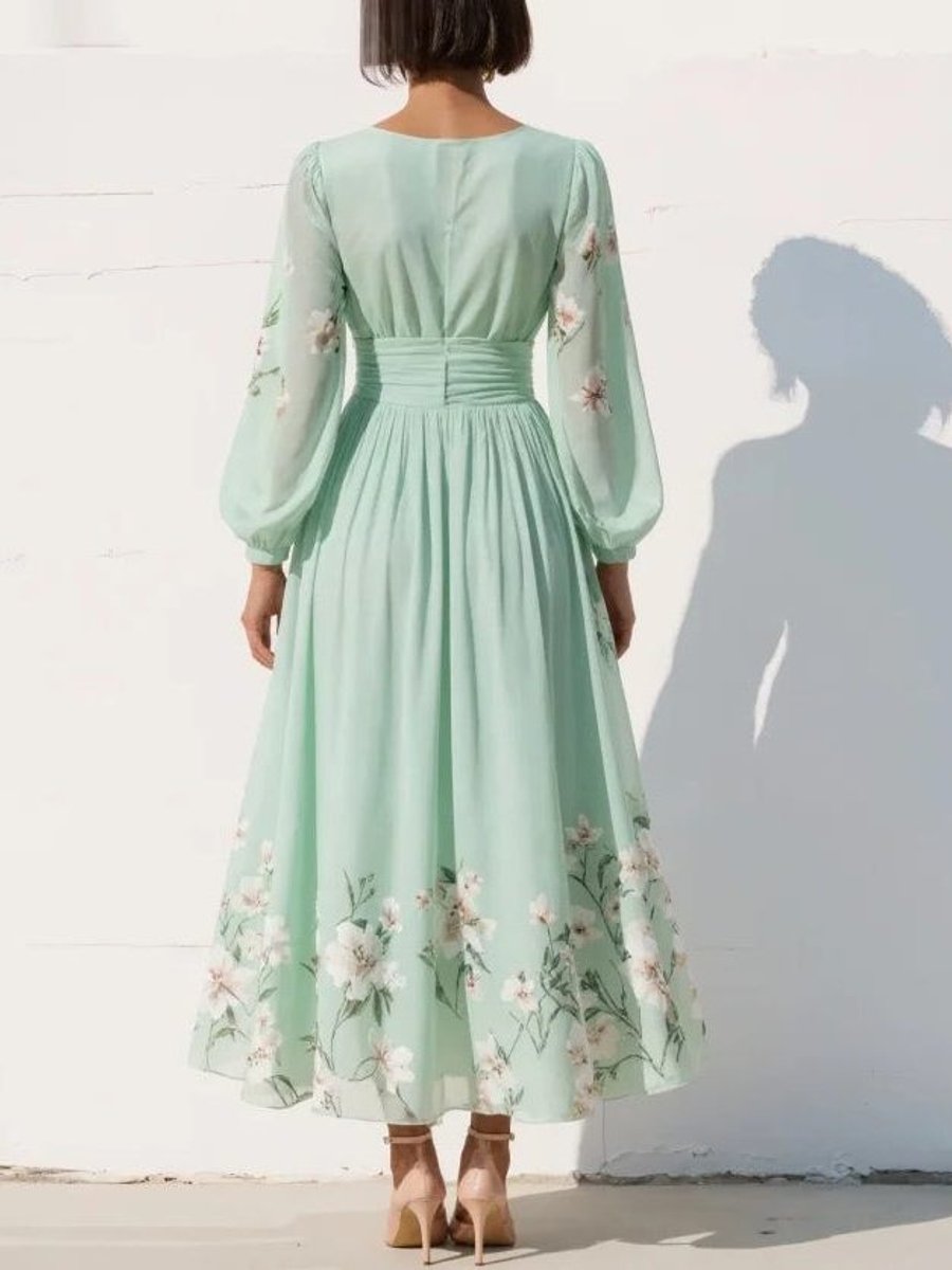 Women's Floral Pleated V-Neck Long Sleeve Midi Formal Dress