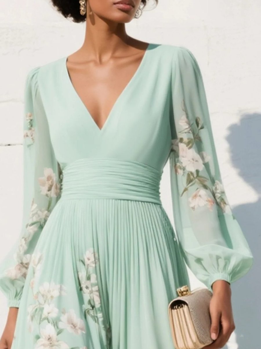 Women's Floral Pleated V-Neck Long Sleeve Midi Formal Dress