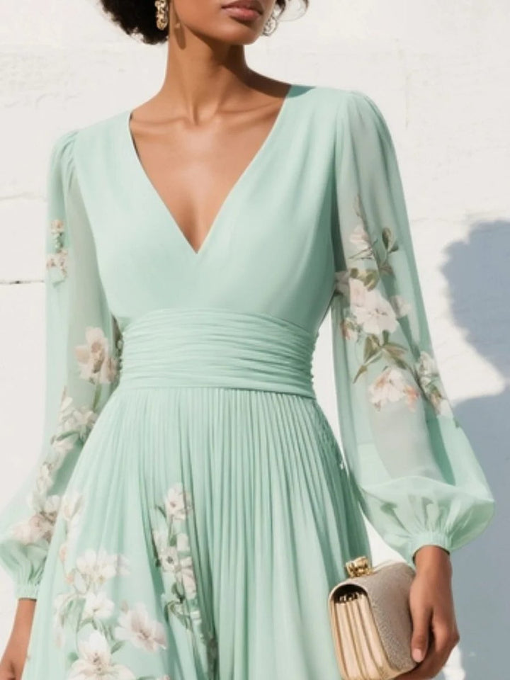 Women's Floral Pleated V-Neck Long Sleeve Midi Formal Dress