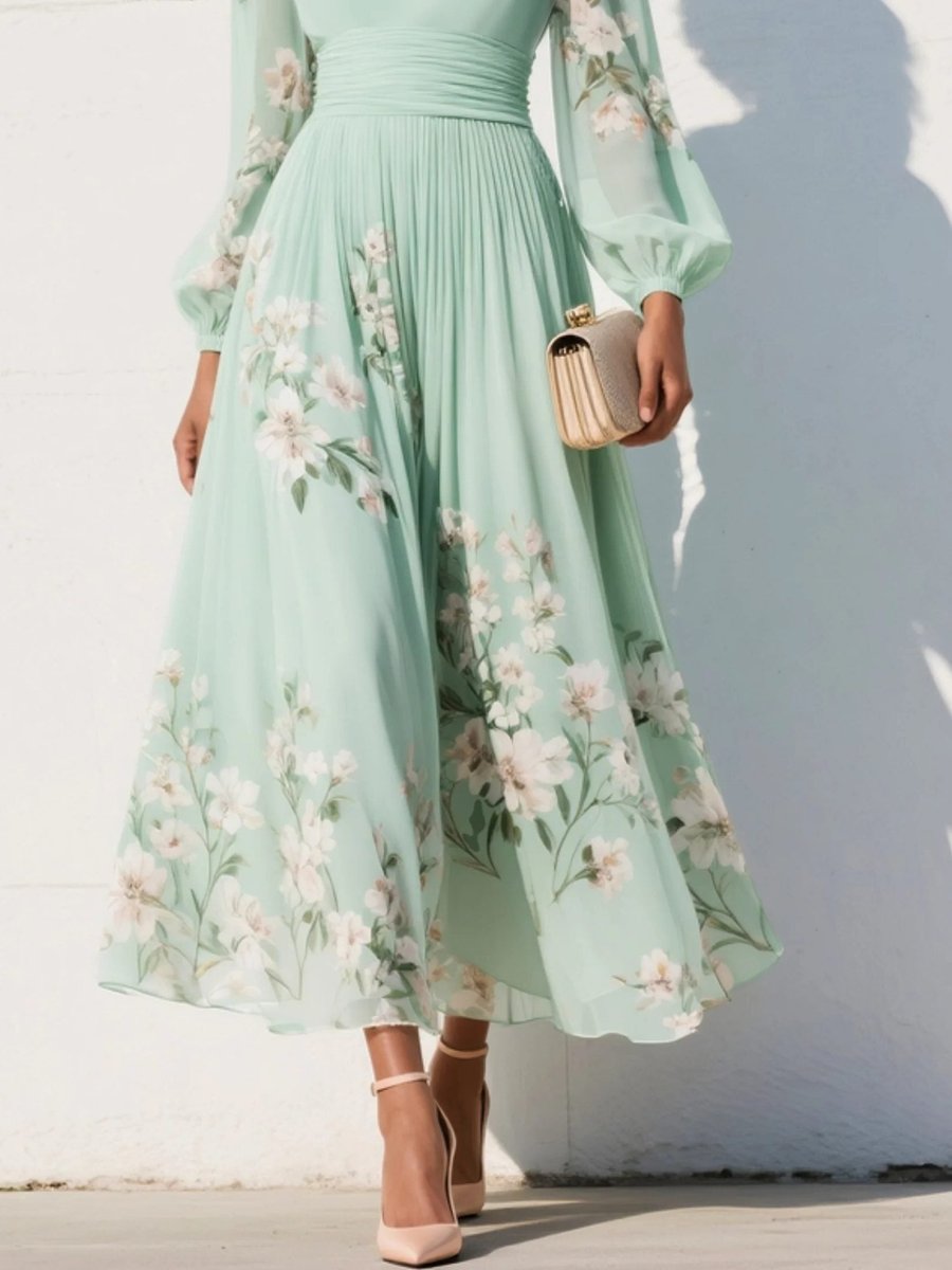 Women's Floral Pleated V-Neck Long Sleeve Midi Formal Dress