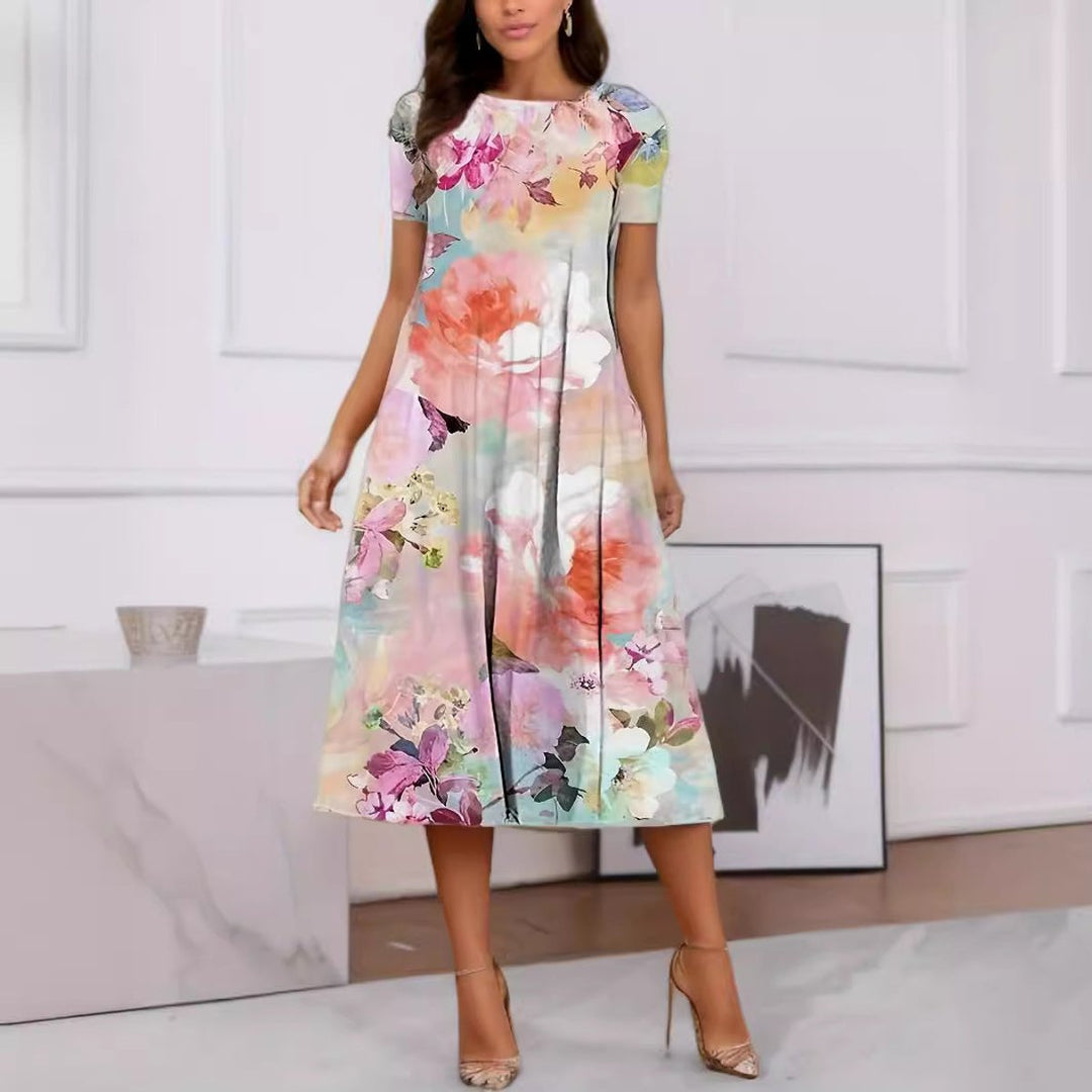 Women's Floral Print A-Line Short Sleeve Fall Midi Dress