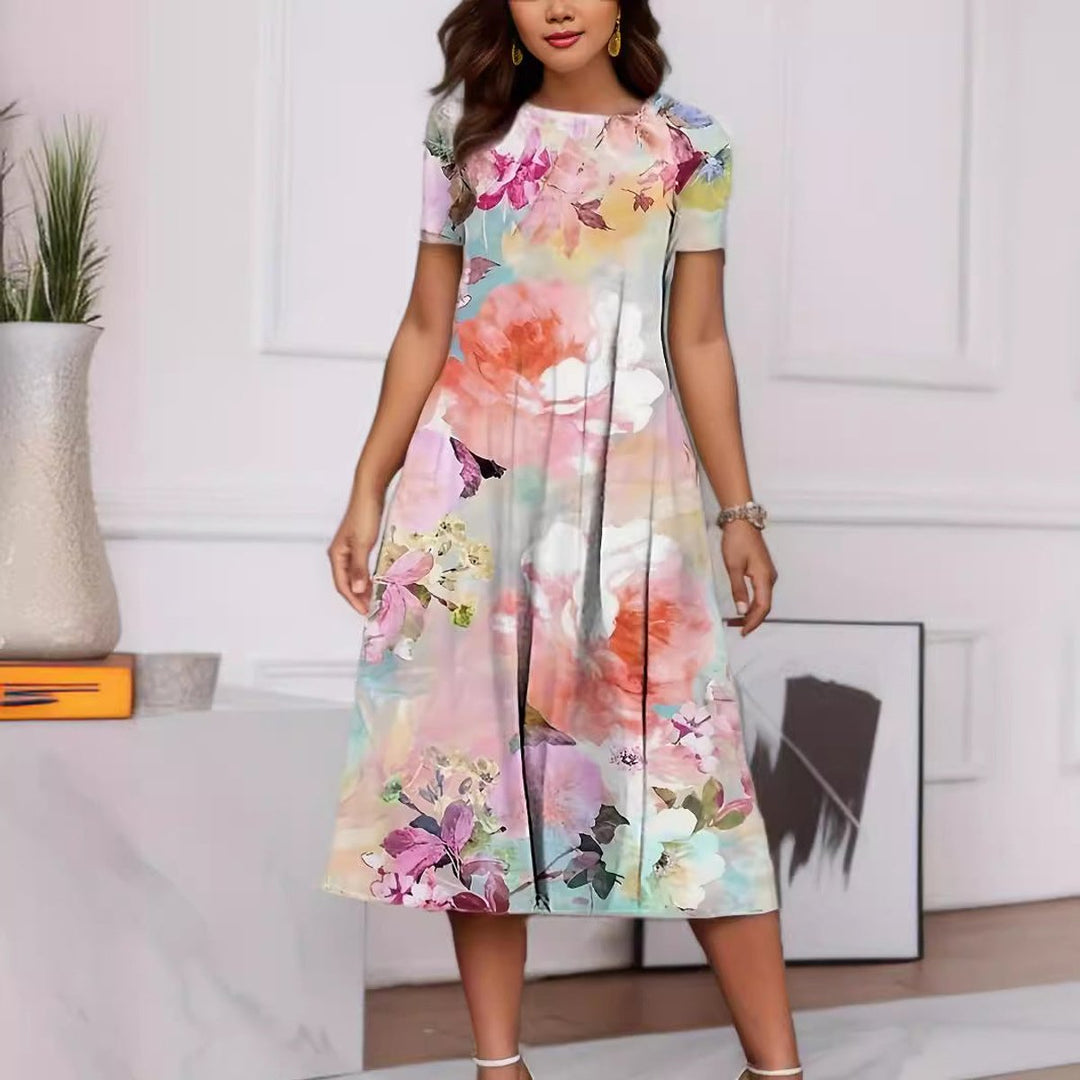 Women's Floral Print A-Line Short Sleeve Fall Midi Dress