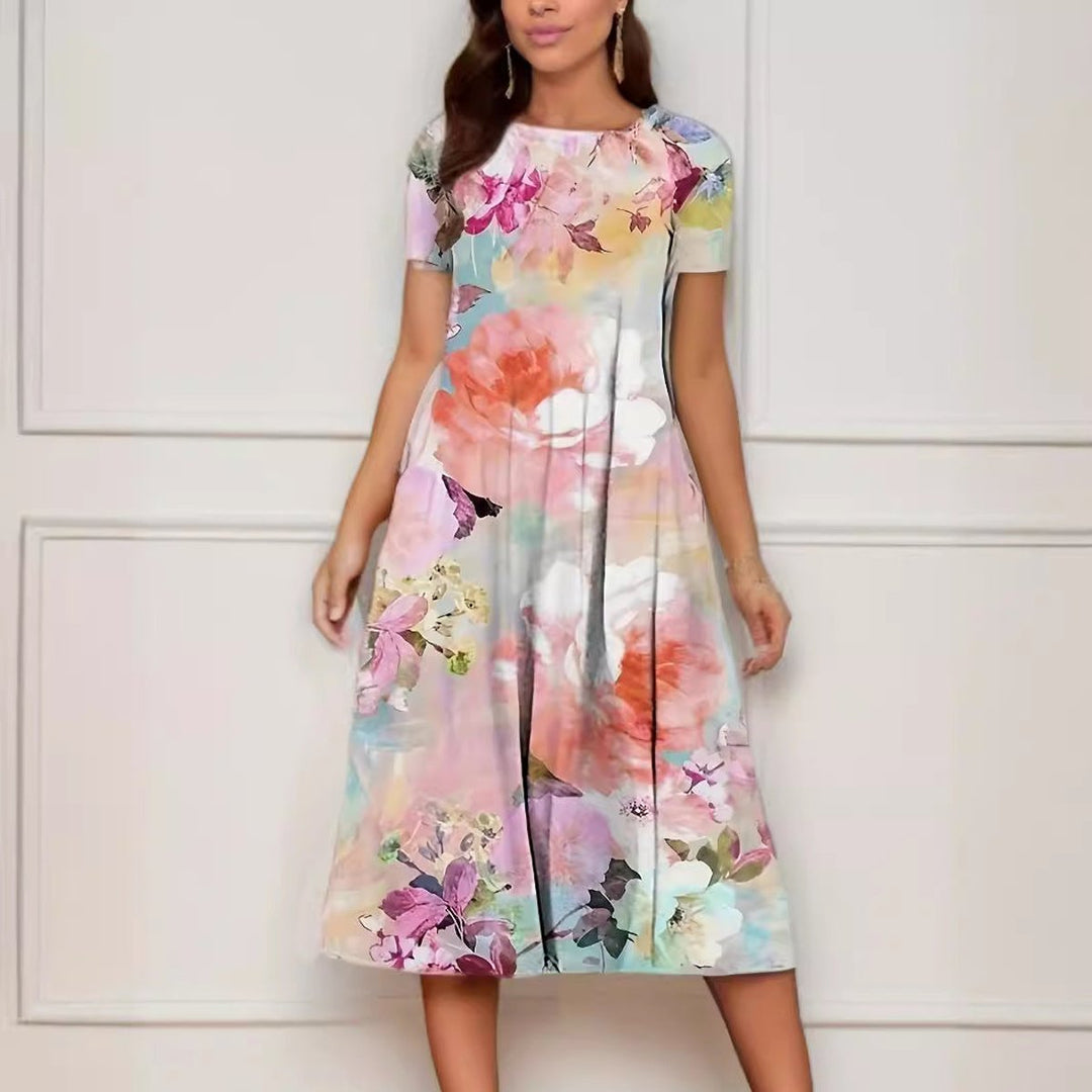 Women's Floral Print A-Line Short Sleeve Fall Midi Dress