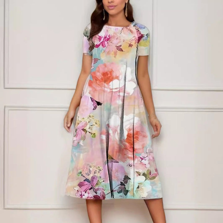 Women's Floral Print A-Line Short Sleeve Fall Midi Dress