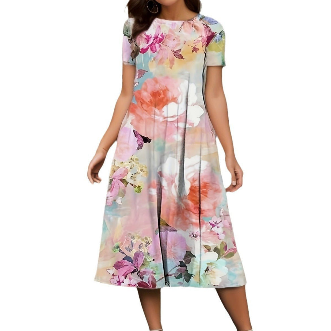 Women's Floral Print A-Line Short Sleeve Fall Midi Dress