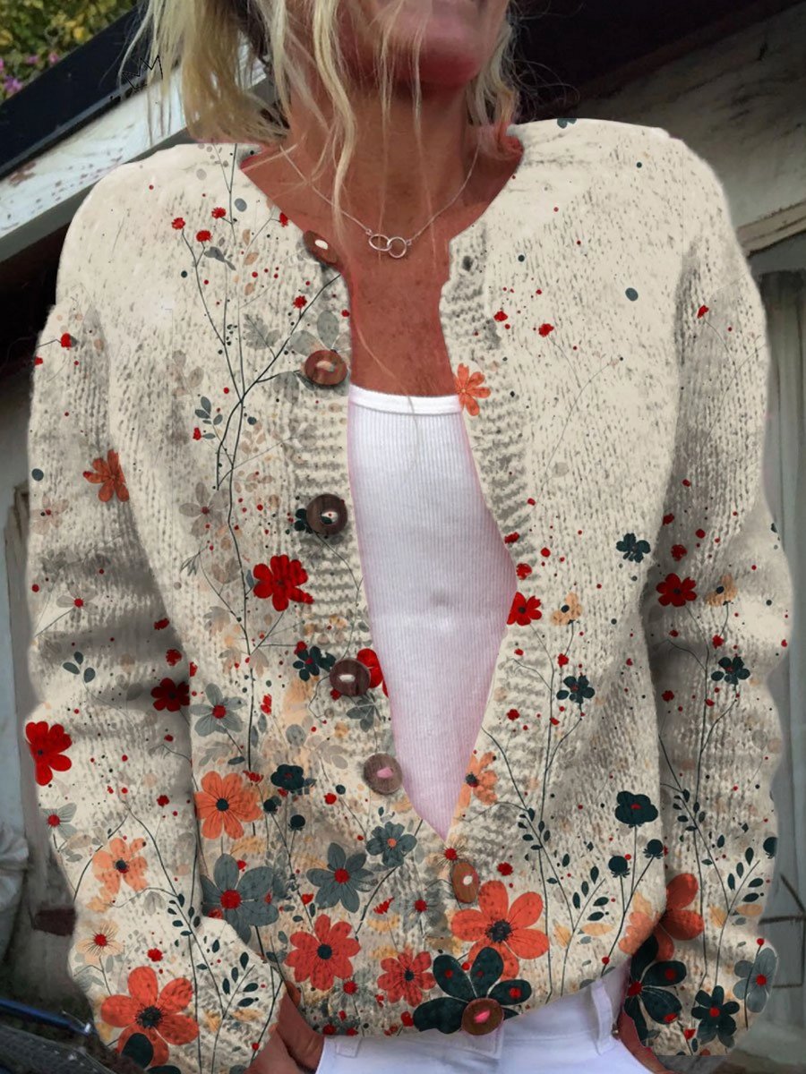 Women's Floral Print Button-Front Knit Cardigan Sweater