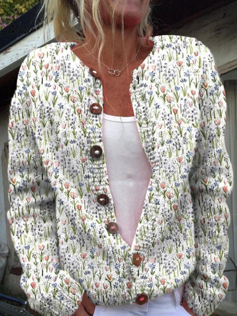 Women's Floral Print Button-Front Open Knit Cardigan