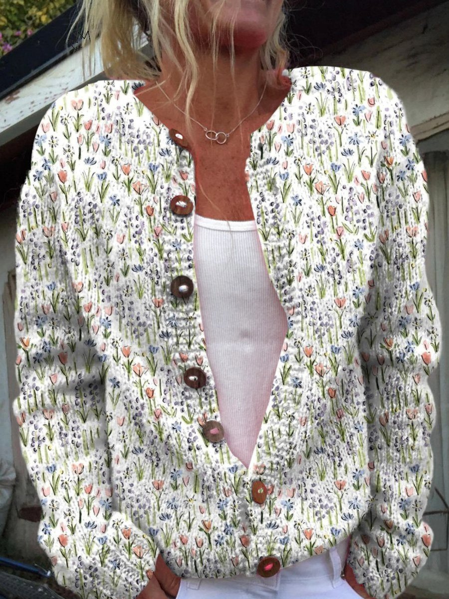 Women's Floral Print Button-Front Open Knit Cardigan