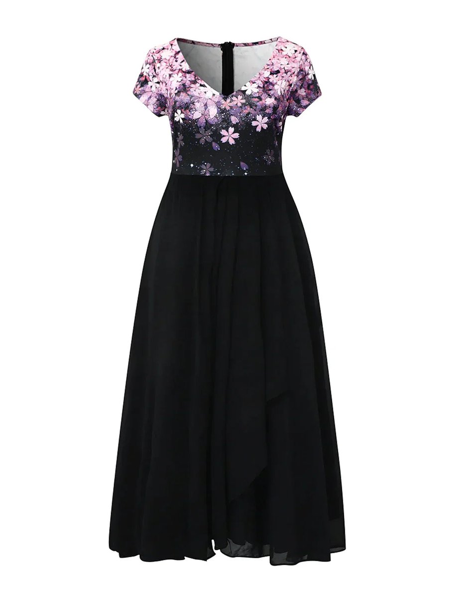 Women's Floral-Print Chiffon Skirt Fall Midi Dress