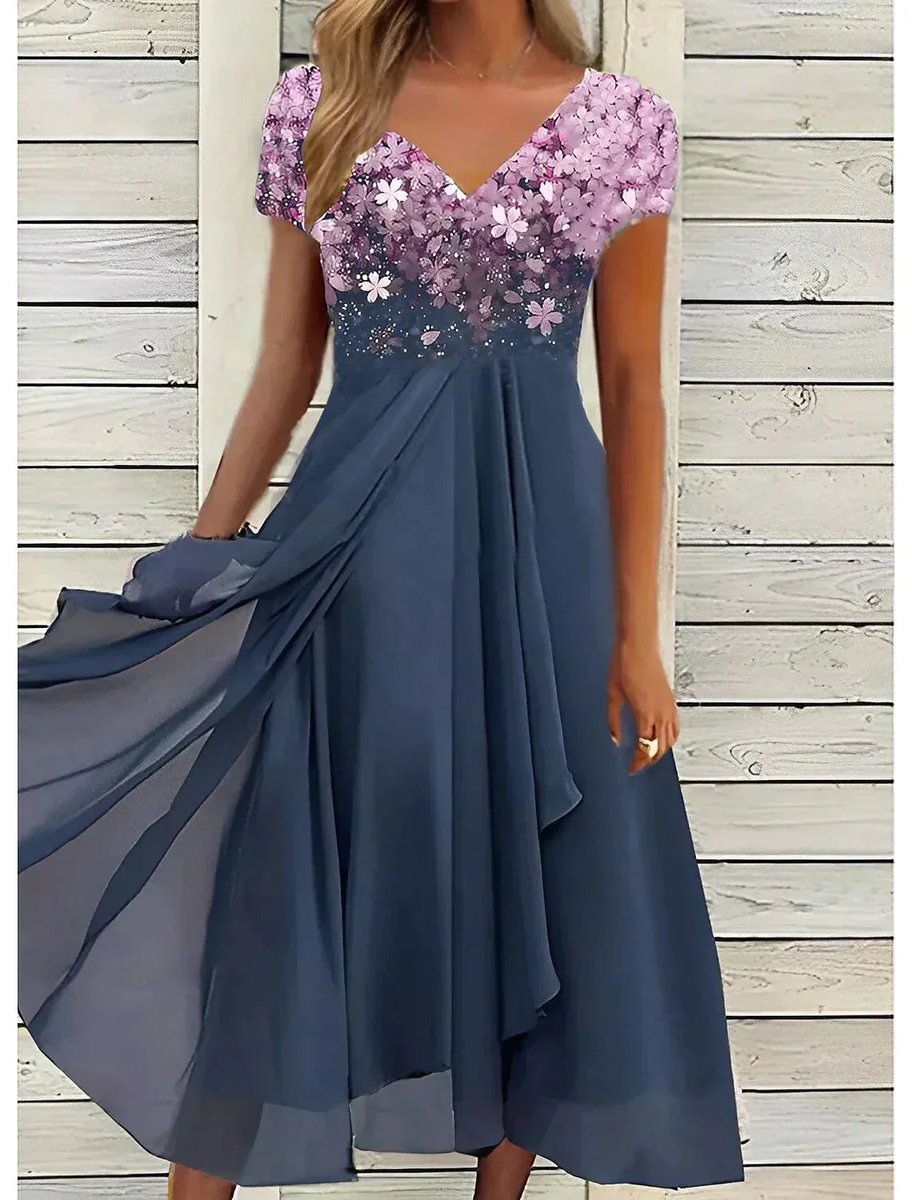 Women's Floral-Print Chiffon Skirt Fall Midi Dress