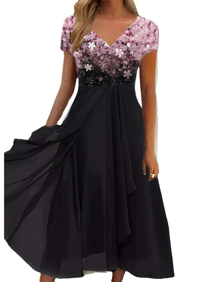 Women's Floral-Print Chiffon Skirt Fall Midi Dress