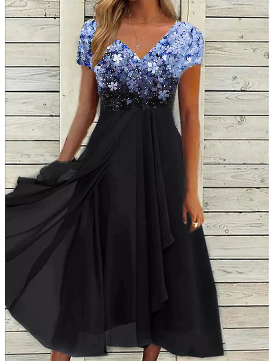 Women's Floral-Print Chiffon Skirt Fall Midi Dress
