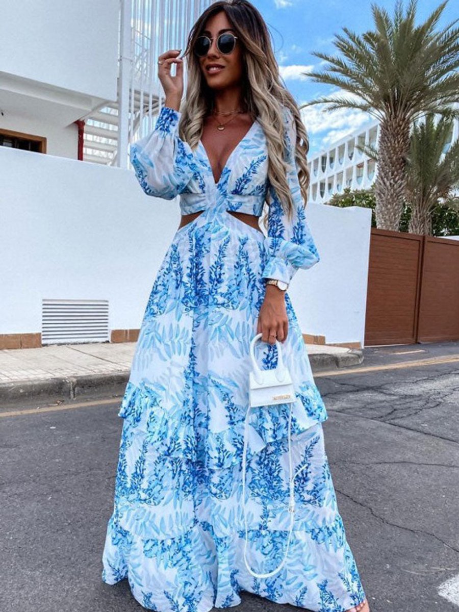 Women's Floral-Print Cut-Out Maxi Formal Dress V-Neck Long Sleeve