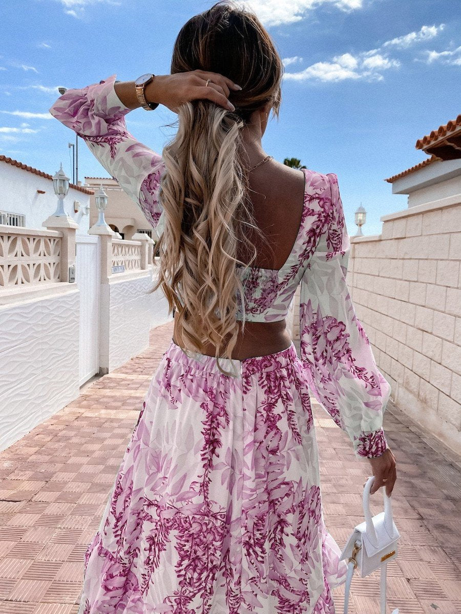 Women's Floral-Print Cut-Out Maxi Formal Dress V-Neck Long Sleeve