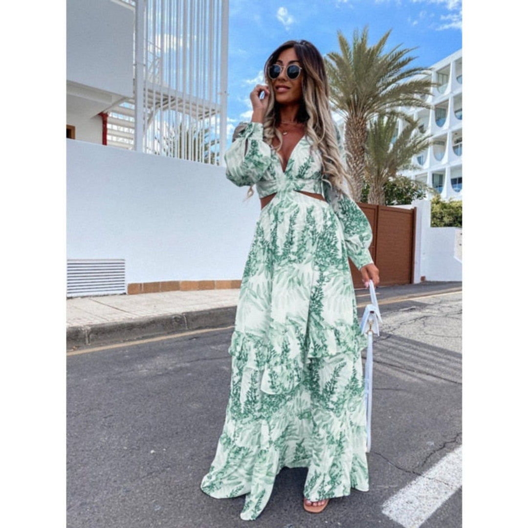 Women's Floral-Print Cut-Out Maxi Formal Dress V-Neck Long Sleeve