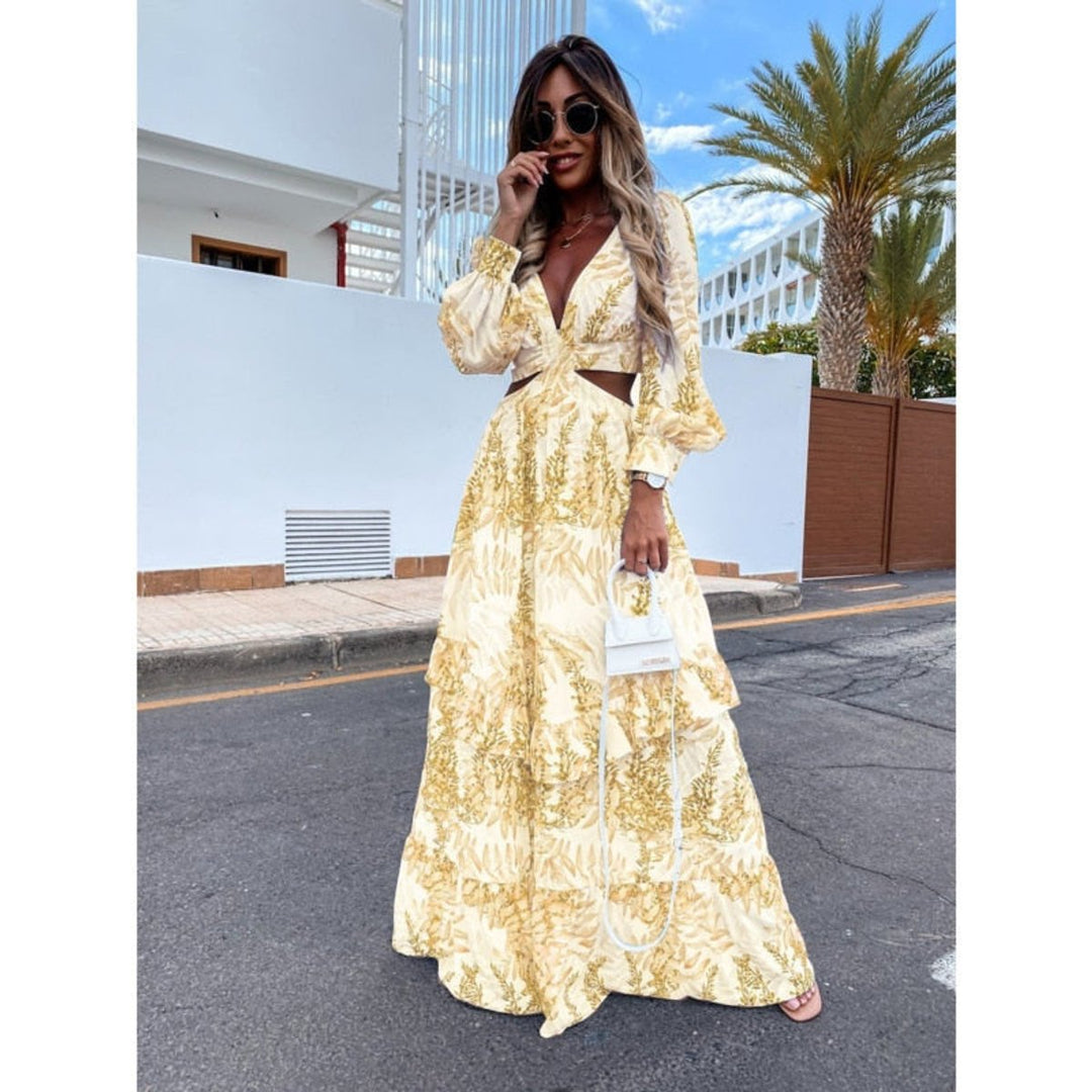 Women's Floral-Print Cut-Out Maxi Formal Dress V-Neck Long Sleeve